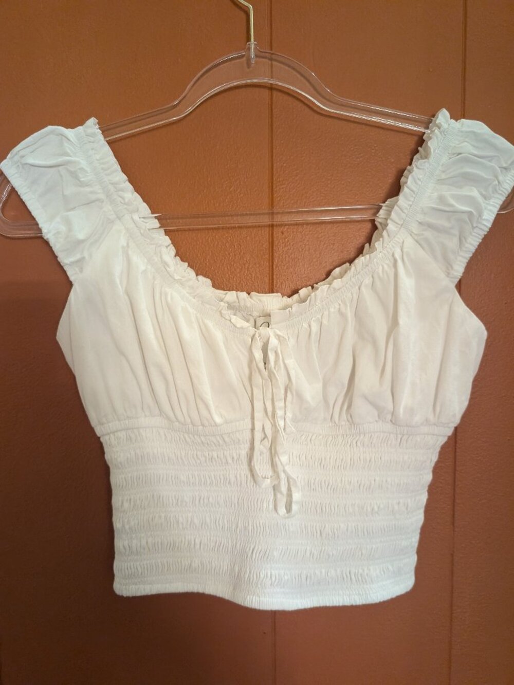 WHITE SMOCKED Crop Top S Cotton Peasant Coquette Cottagecore Puff Sleeve
